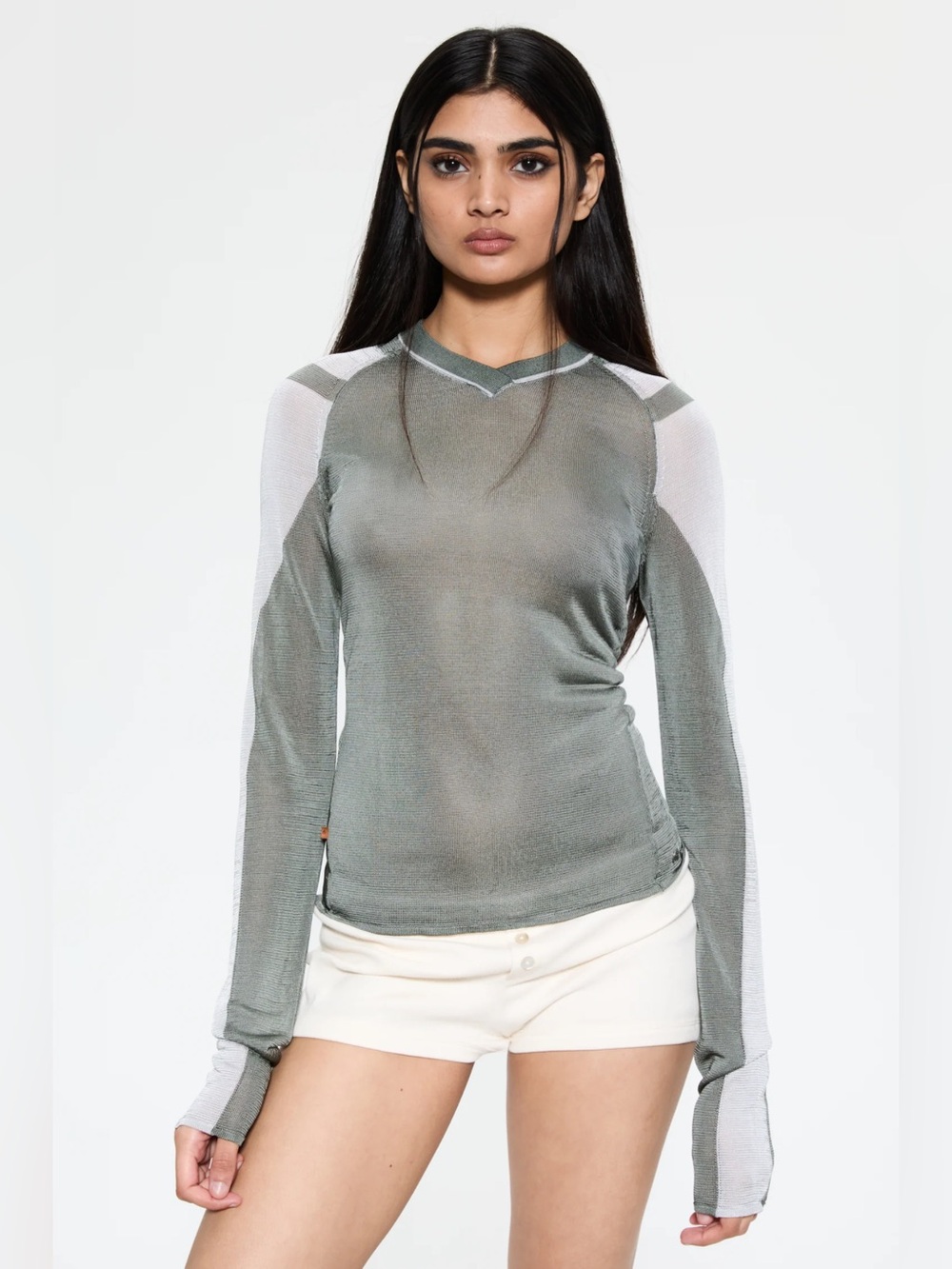 MIAOU Sheer Knit Lennon V-Neck Long Sleeve Sweater Top Agave Green Gray Sz Small